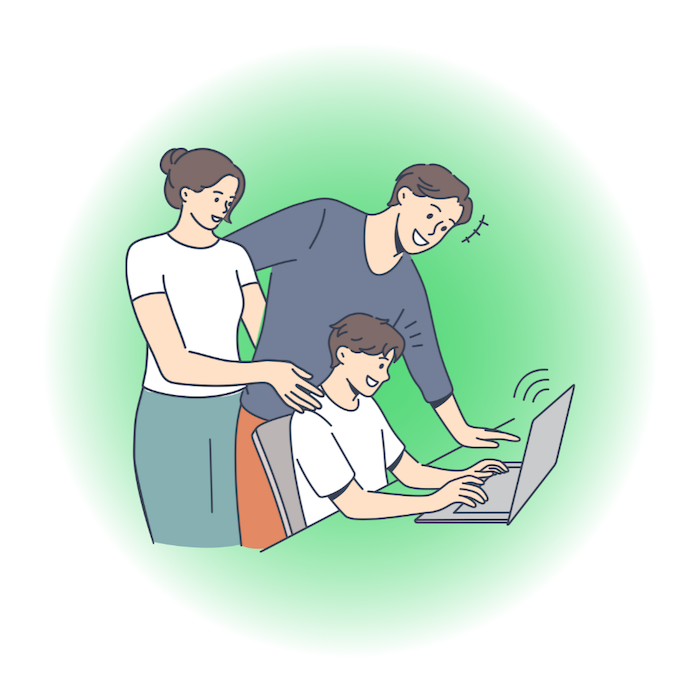 parents joining the children in using laptop