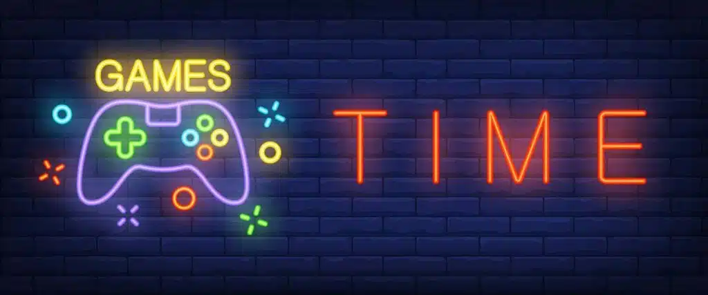 Games time neon text with gamepad.