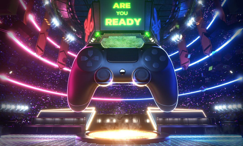 ARE YOU READY Neonlicht leuchtet in der E-Sport-Arena mit dem großen Joy-Pad in der Stadionmitte